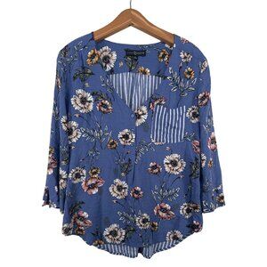 Fred David Womens Top Sz L Blue Floral Striped Mixed Media Boho Fairy Lightwt